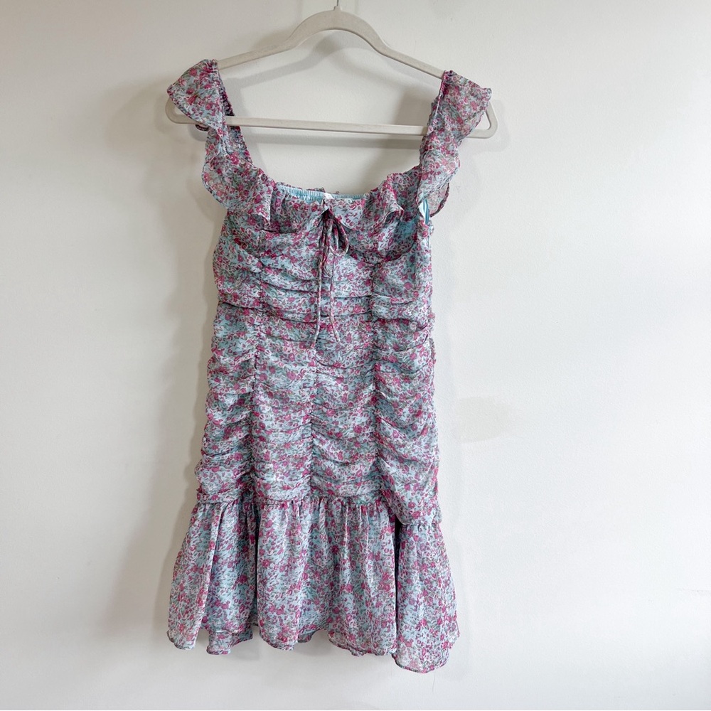 Astr Floral Ruched Mini Dress in Teal & Pink